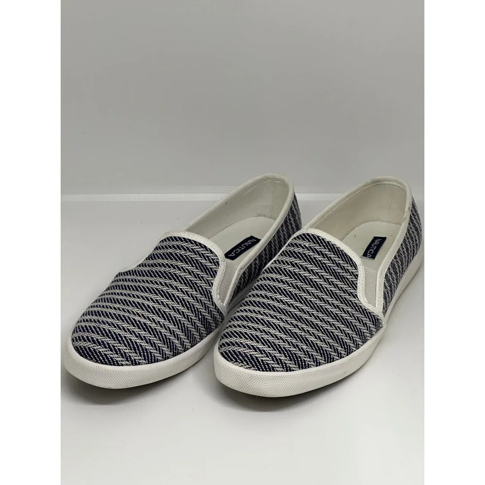 Nautica Sunchaser Slip On Navy White Chevron Canvas Sneakers Shoes Womens Size 8